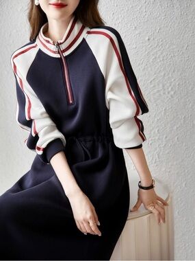 Navy Zip-Up Sleeve Stripe Casual Dress